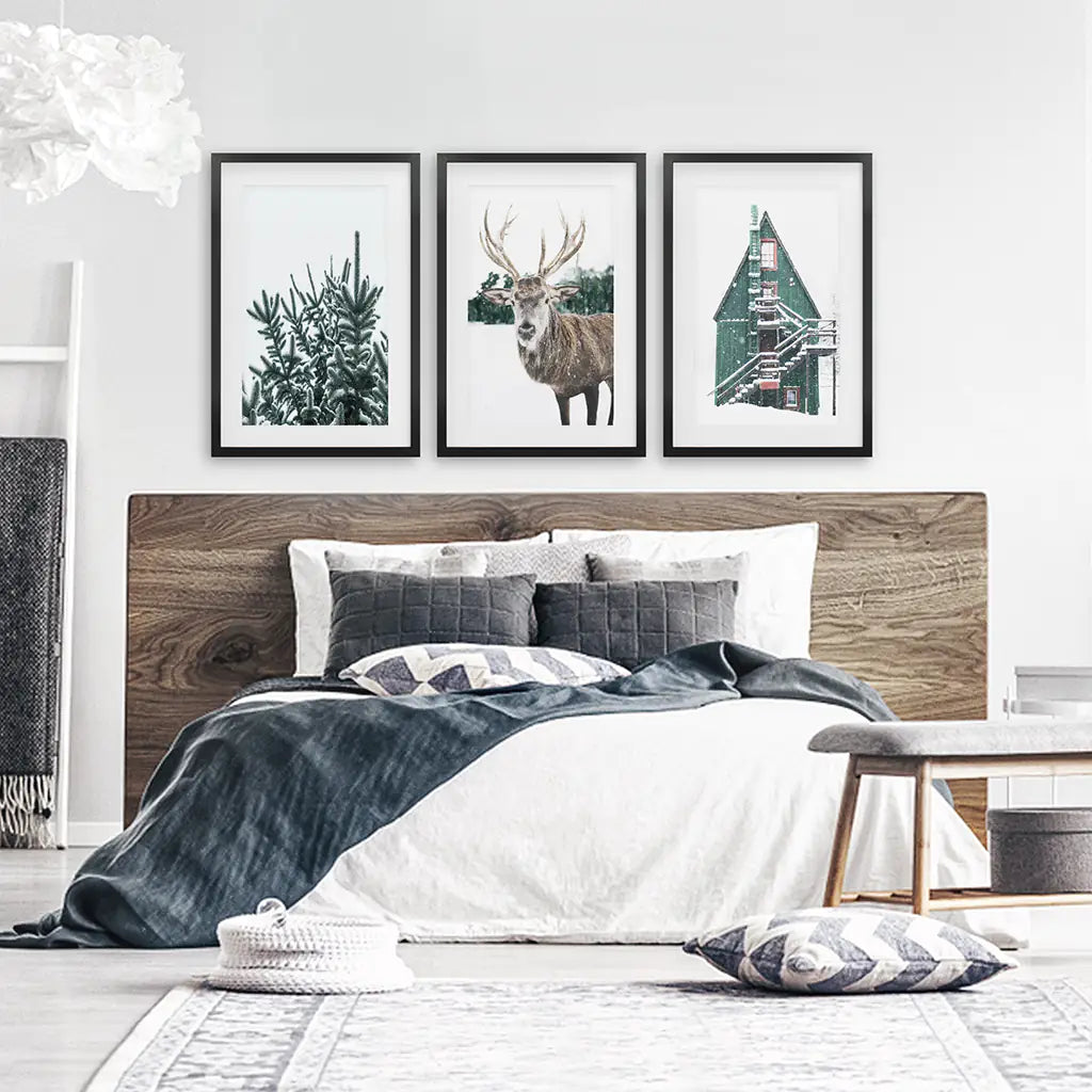 Rustic Christmas Wall Art Set. Trees, Deer, Green Log Cabin. Black Frames with Mat