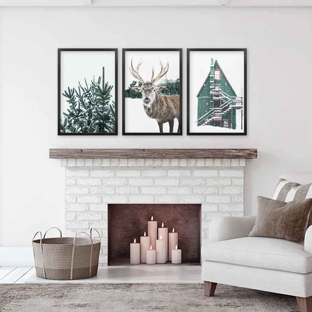 Rustic Christmas Wall Art Set. Trees, Deer, Green Log Cabin. Black Frames