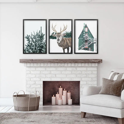 Rustic Christmas Wall Art Set. Trees, Deer, Green Log Cabin. Black Frames