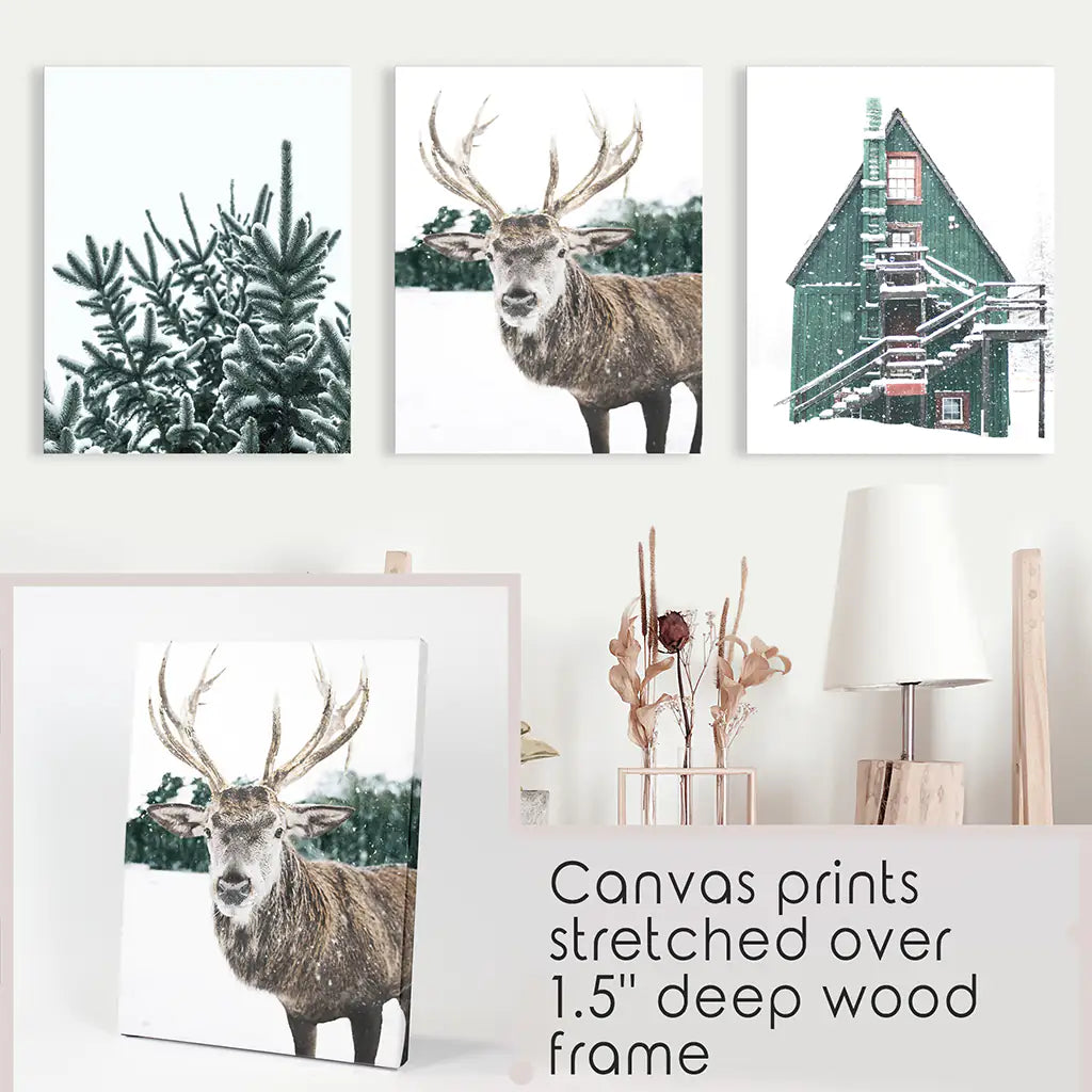 Rustic Christmas Wall Art Set. Trees, Deer, Green Log Cabin. Canvas Prints