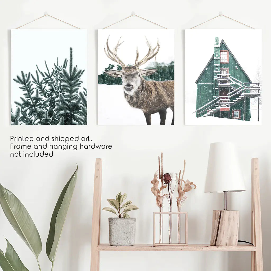 Rustic Christmas Wall Art Set. Trees, Deer, Green Log Cabin. Unframed Prints