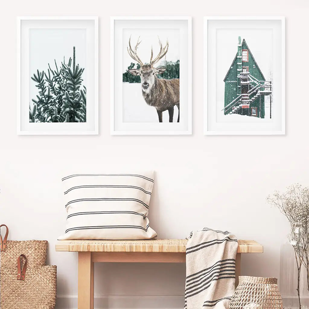 Rustic Christmas Wall Art Set. Trees, Deer, Green Log Cabin. White Frames with Mat