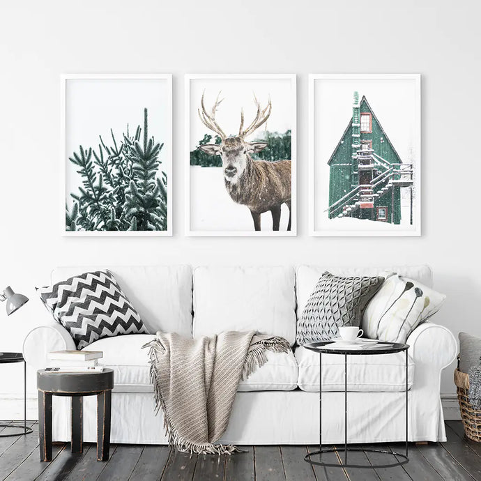 Rustic Christmas Wall Art Set. Trees, Deer, Green Log Cabin. White Frames