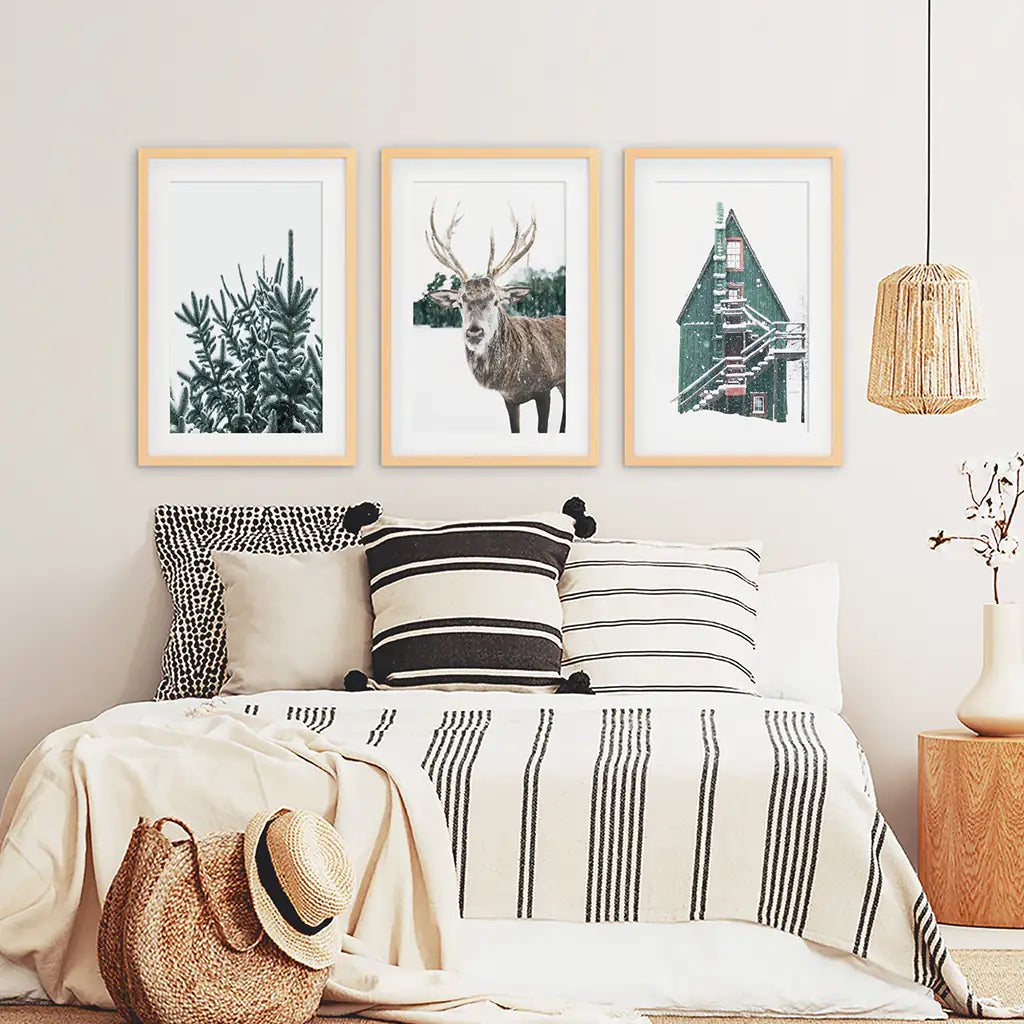 Rustic Christmas Wall Art Set. Trees, Deer, Green Log Cabin. Wood Frames with Mat