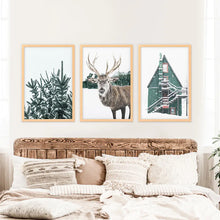 Load image into Gallery viewer, Rustic Christmas Wall Art Set. Trees, Deer, Green Log Cabin. Wood Frames
