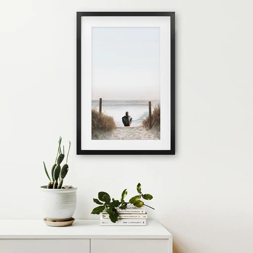 Inspirational Relax Summer Print. Surfer on the Beach. Black Frame with Mat