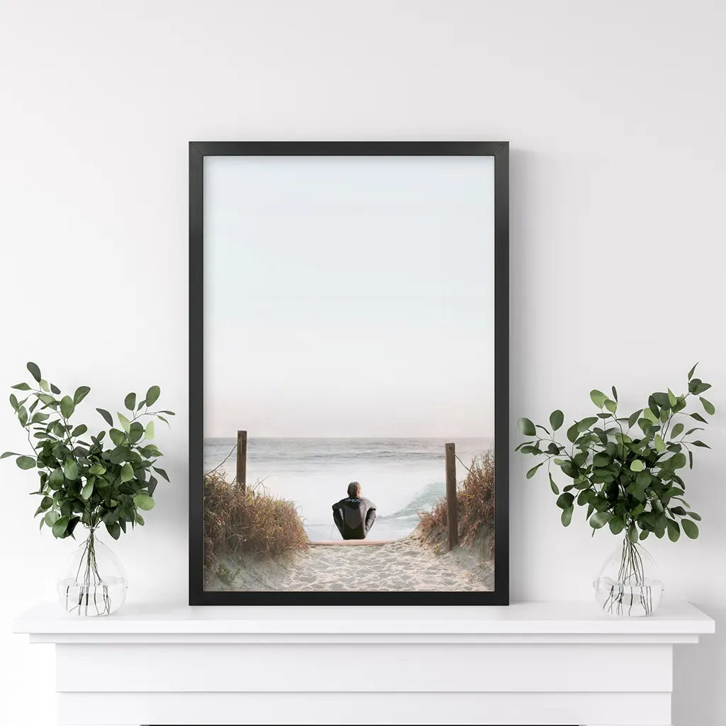 Inspirational Relax Summer Print. Surfer on the Beach. Black Frame