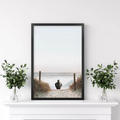 Inspirational Relax Summer Print. Surfer on the Beach. Black Frame