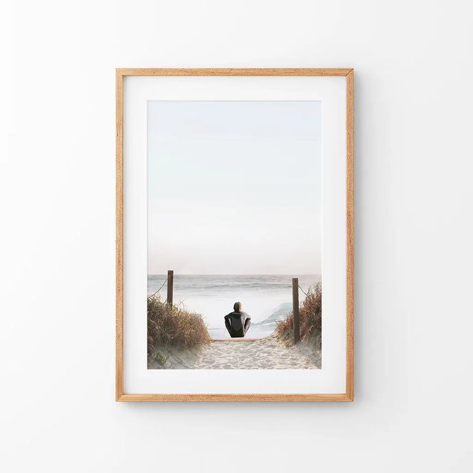 Inspirational Relax Summer Print. Surfer on the Beach. Thin Wood Frame with Mat