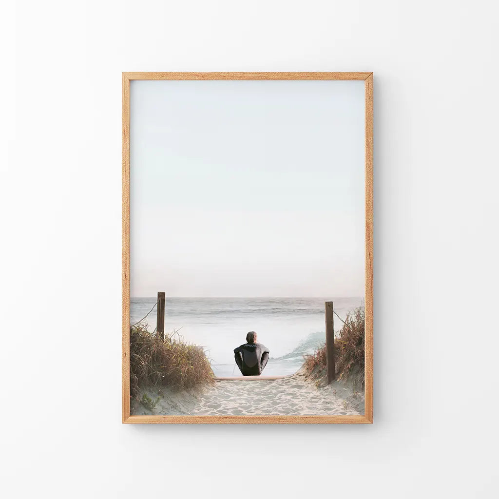 Inspirational Relax Summer Print. Surfer on the Beach. Thin Wood Frame