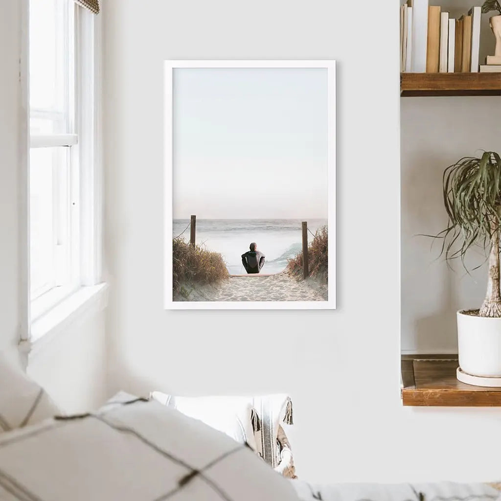 Inspirational Relax Summer Print. Surfer on the Beach. White Frame