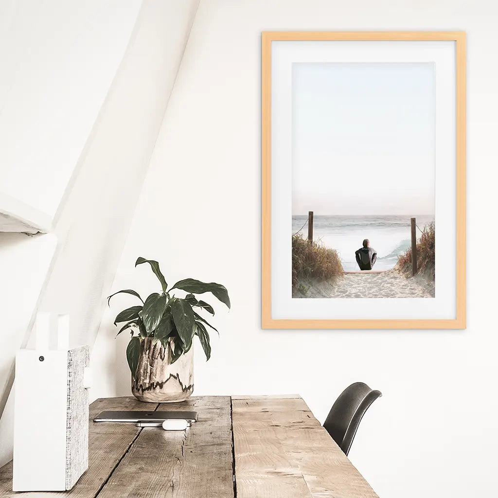 Inspirational Relax Summer Print. Surfer on the Beach. Wood Frame with Mat