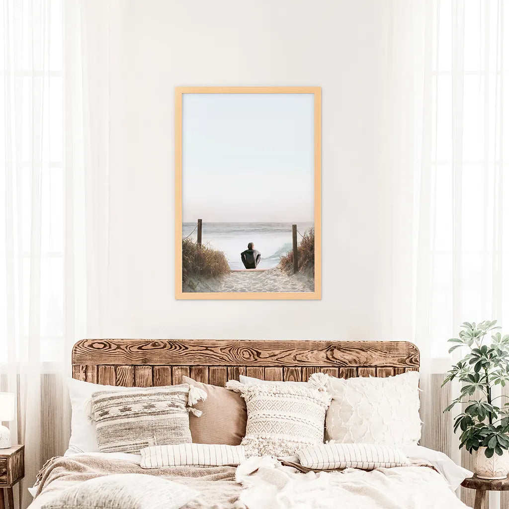 Inspirational Relax Summer Print. Surfer on the Beach. Wood Frame