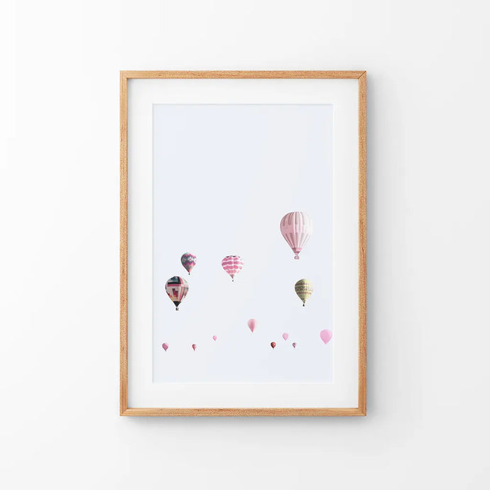 Pink Air Ballons Print. Kid's Room Theme. Thin Wood Frame with Mat