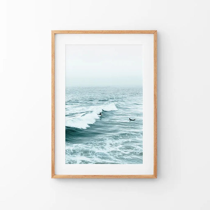 Large Blue Sea Waves. Nautical Themed Print. Thin Wood Frame with Mat