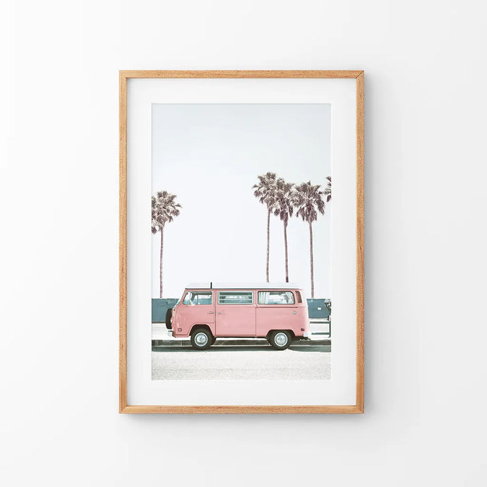 Large Pink Van Wall Decor. California Summer Theme. Thin Wood Frame with Mat