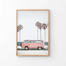 Load image into Gallery viewer, Large Pink Van Wall Decor. California Summer Theme. Thin Wood Frame

