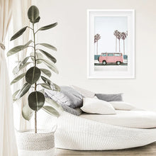 Load image into Gallery viewer, Large Pink Van Wall Decor. California Summer Theme. White Frame with Mat
