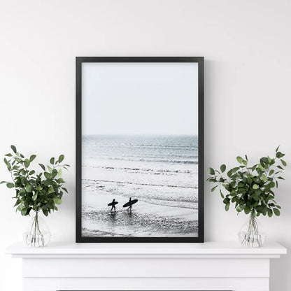 Summer Malibu Themed Wall Decor. Surfers on the Beach. Black Frame
