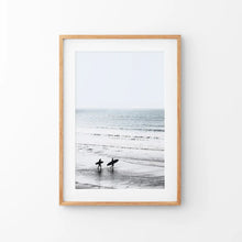 Load image into Gallery viewer, Summer Malibu Themed Wall Decor. Surfers on the Beach. Thin Wood Frame with Mat

