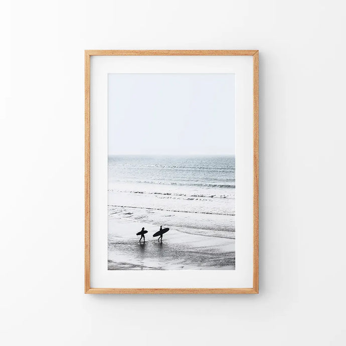 Summer Malibu Themed Wall Decor. Surfers on the Beach. Thin Wood Frame with Mat