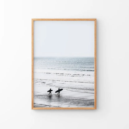 Summer Malibu Themed Wall Decor. Surfers on the Beach. Thin Wood Frame