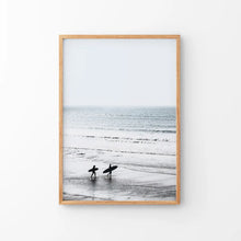 Load image into Gallery viewer, Summer Malibu Themed Wall Decor. Surfers on the Beach. Thin Wood Frame
