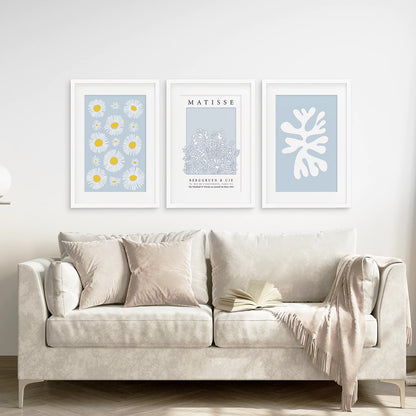 Abstract Matisse Print Set of 3. Blue Floral Wall Art