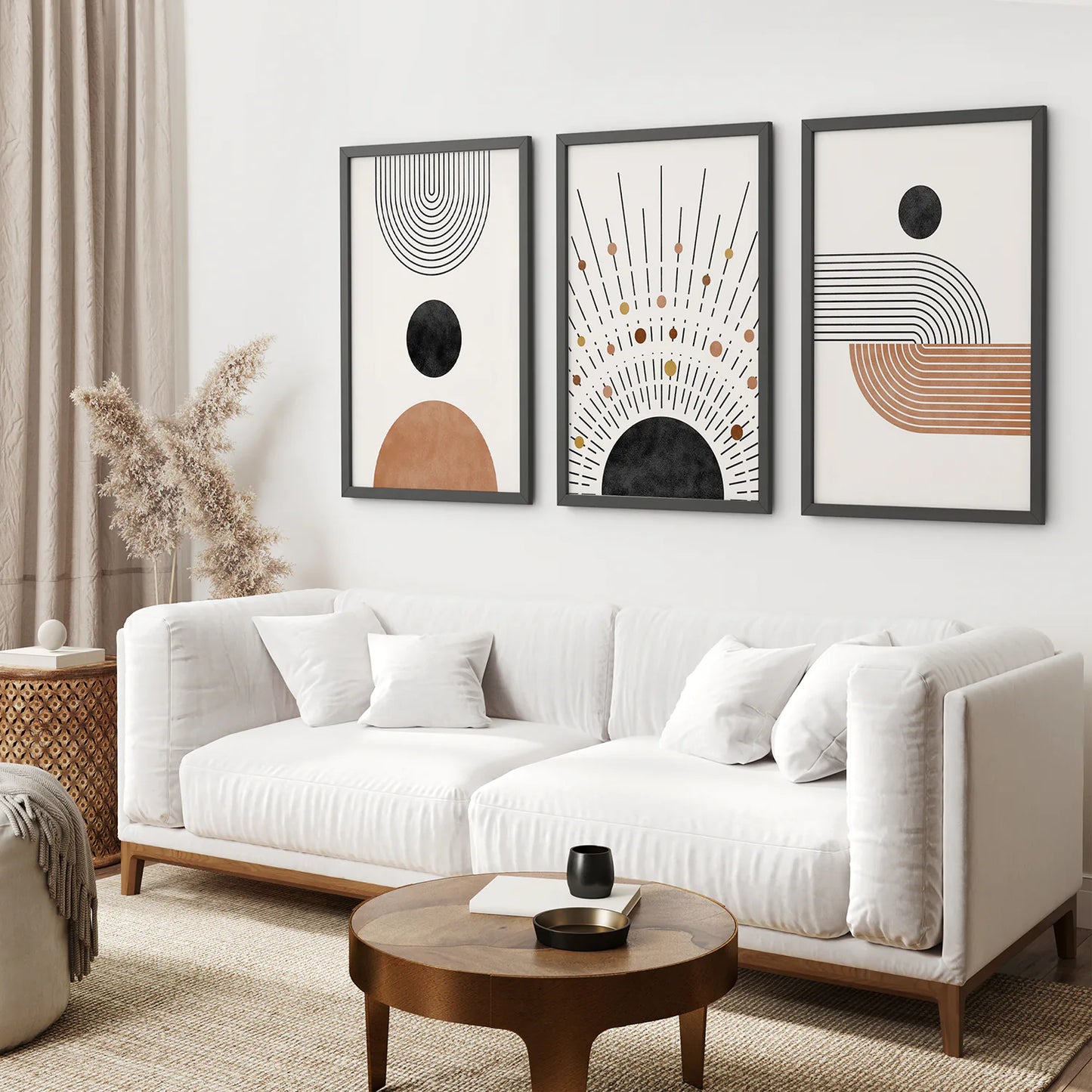 Geometric Boho Wall Art Set of 3 Pieces. Mid Century Style. Black Frame. Living Room