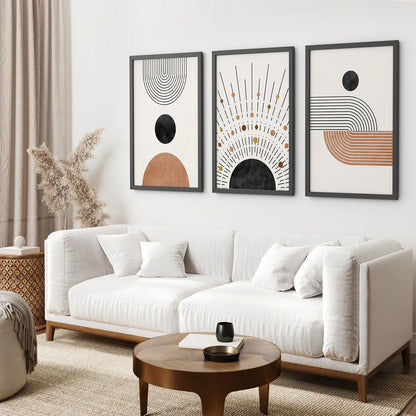Geometric Boho Wall Art Set of 3 Pieces. Mid Century Style. Black Frame. Living Room