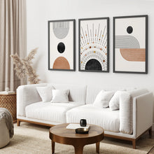 Load image into Gallery viewer, Geometric Boho Wall Art Set of 3 Pieces. Mid Century Style. Black Frame. Living Room
