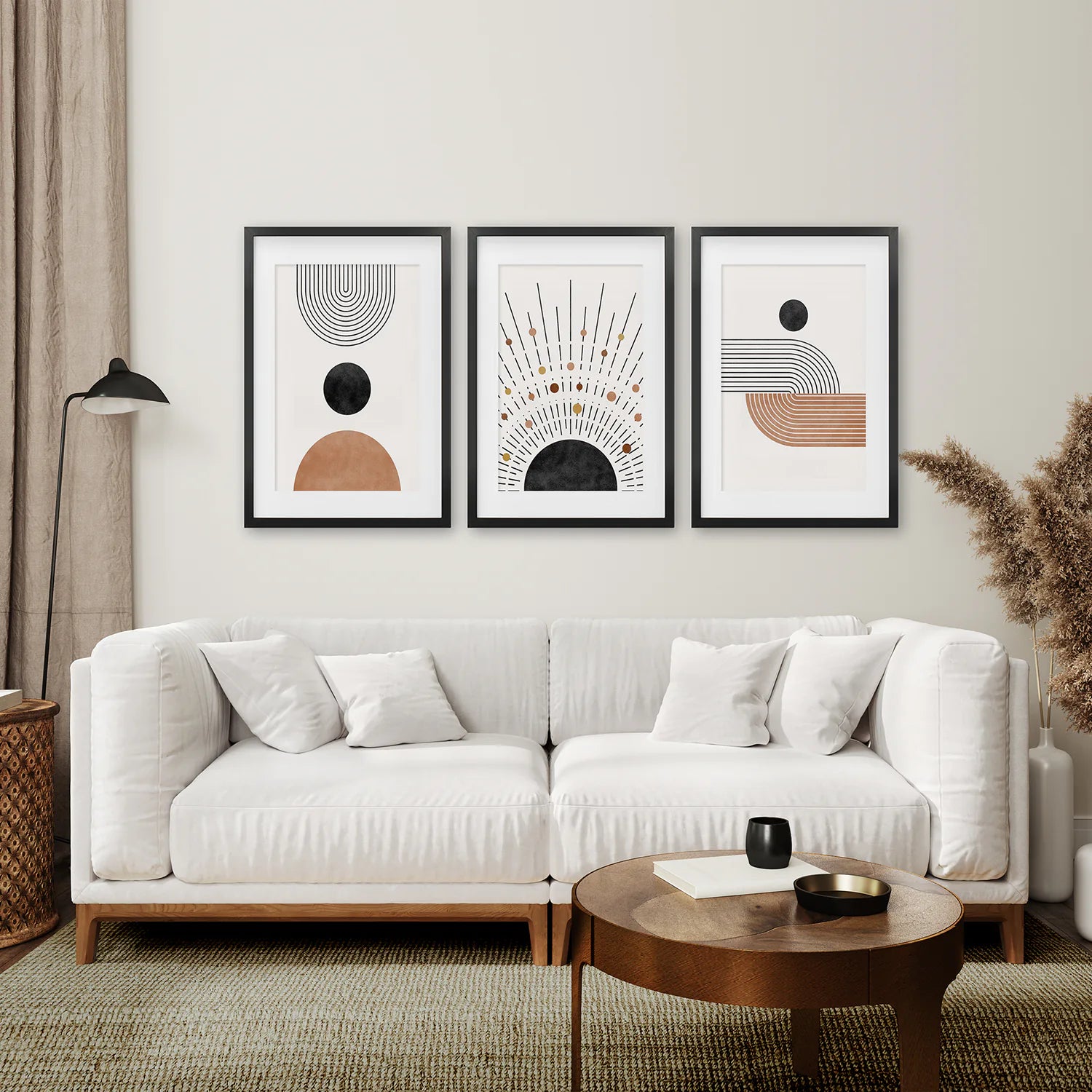 Geometric Boho Wall Art Set of 3 Pieces. Mid Century Style. Black Frame with Mat. Living Room