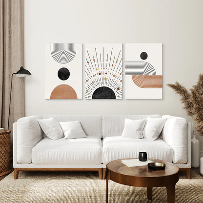 Geometric Boho Wall Art Set of 3 Pieces. Mid Century Style. Canvas Print. Living Room
