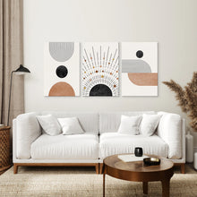 Load image into Gallery viewer, Geometric Boho Wall Art Set of 3 Pieces. Mid Century Style. Canvas Print. Living Room
