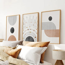 Load image into Gallery viewer, Geometric Boho Wall Art Set of 3 Pieces. Mid Century Style. Thinwood Frame. Bedroom
