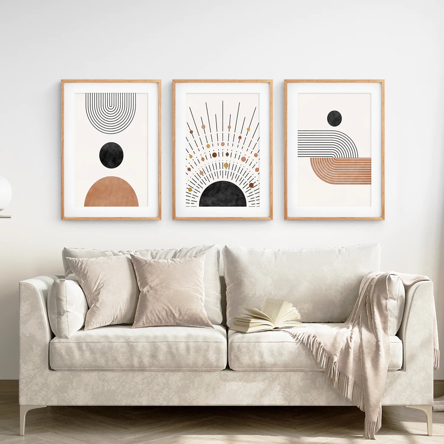 Geometric Boho Wall Art Set of 3 Pieces. Mid Century Style. Thinwood Frame with Mat. Living Room