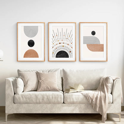 Geometric Boho Wall Art Set of 3 Pieces. Mid Century Style. Thinwood Frame with Mat. Living Room