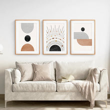 Load image into Gallery viewer, Geometric Boho Wall Art Set of 3 Pieces. Mid Century Style. Thinwood Frame with Mat. Living Room
