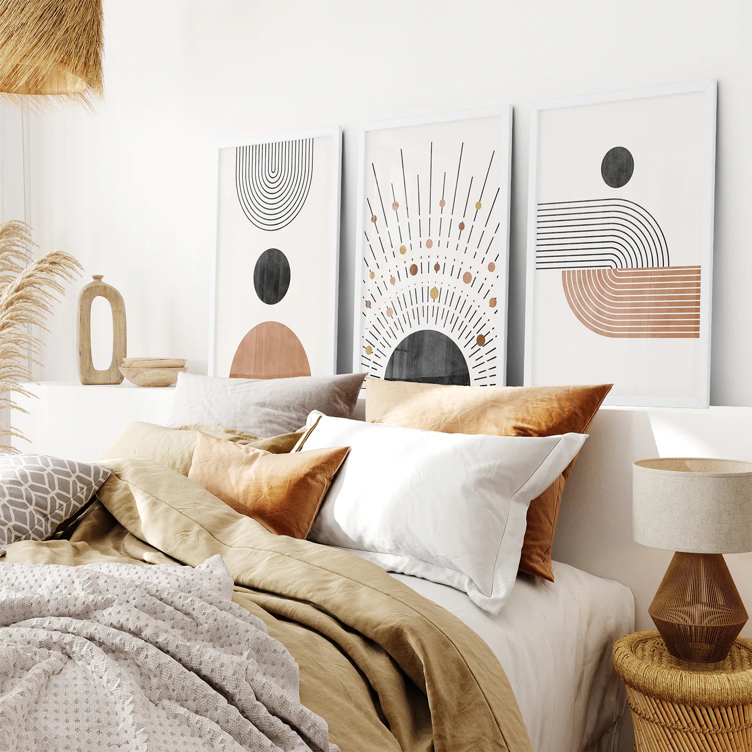 Geometric Boho Wall Art Set of 3 Pieces. Mid Century Style. White Frame. Bedroom