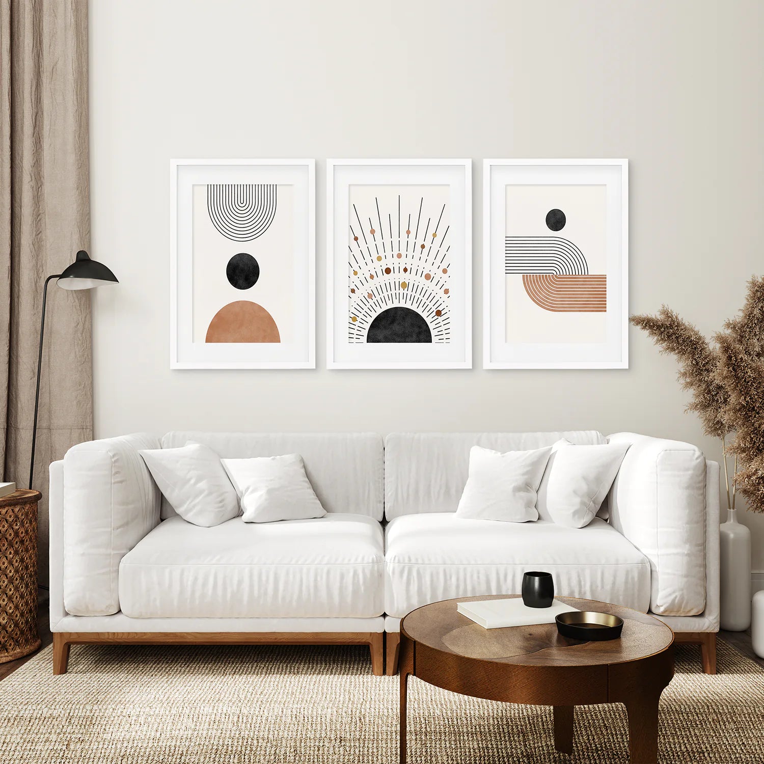 Geometric Boho Wall Art Set of 3 Pieces. Mid Century Style. White Frame with Mat. Living Room