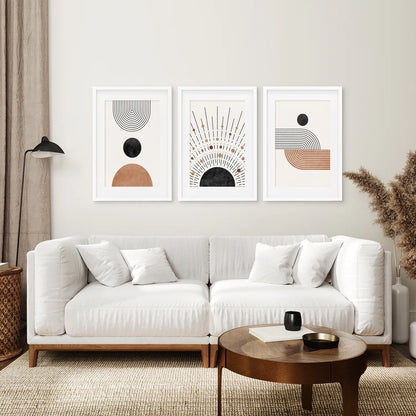 Geometric Boho Wall Art Set of 3 Pieces. Mid Century Style. White Frame with Mat. Living Room