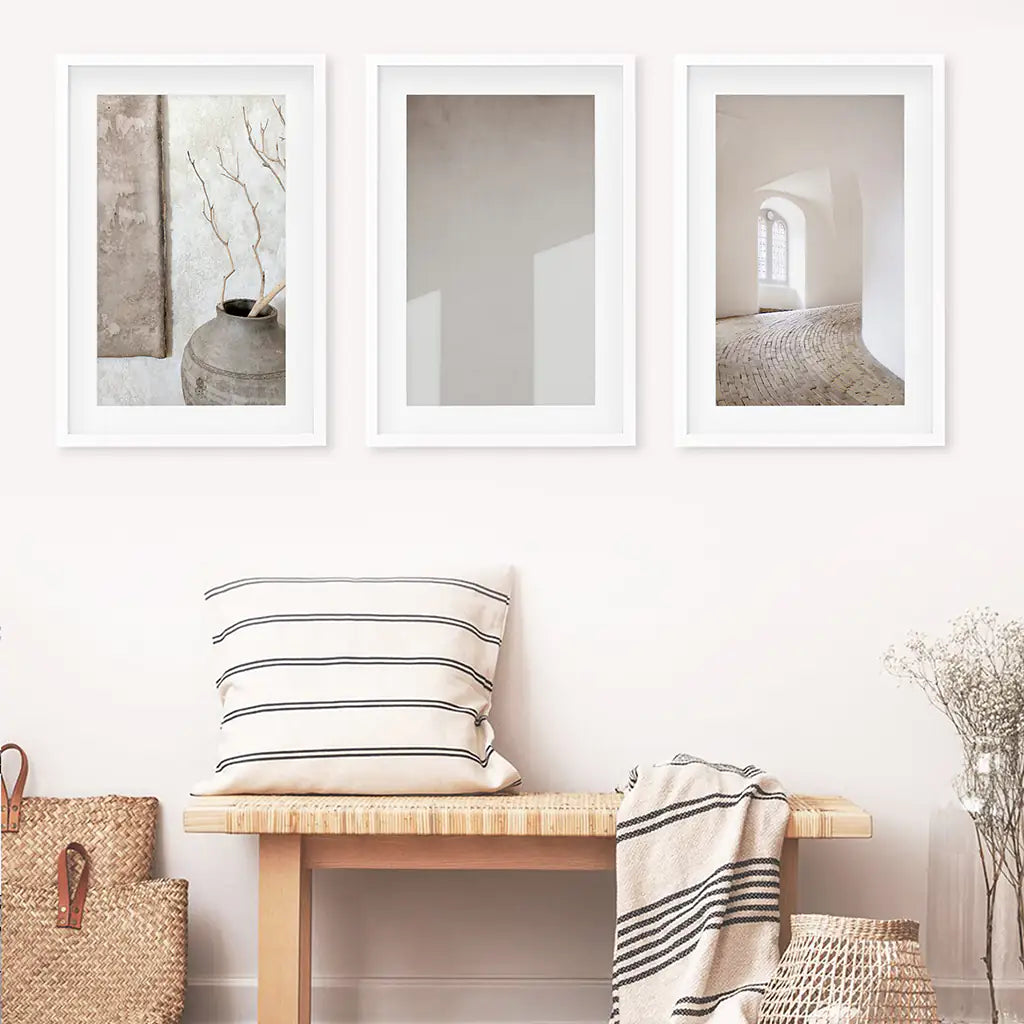 Minimalist Beige Modern Art Photo Set. White Frames with Mat