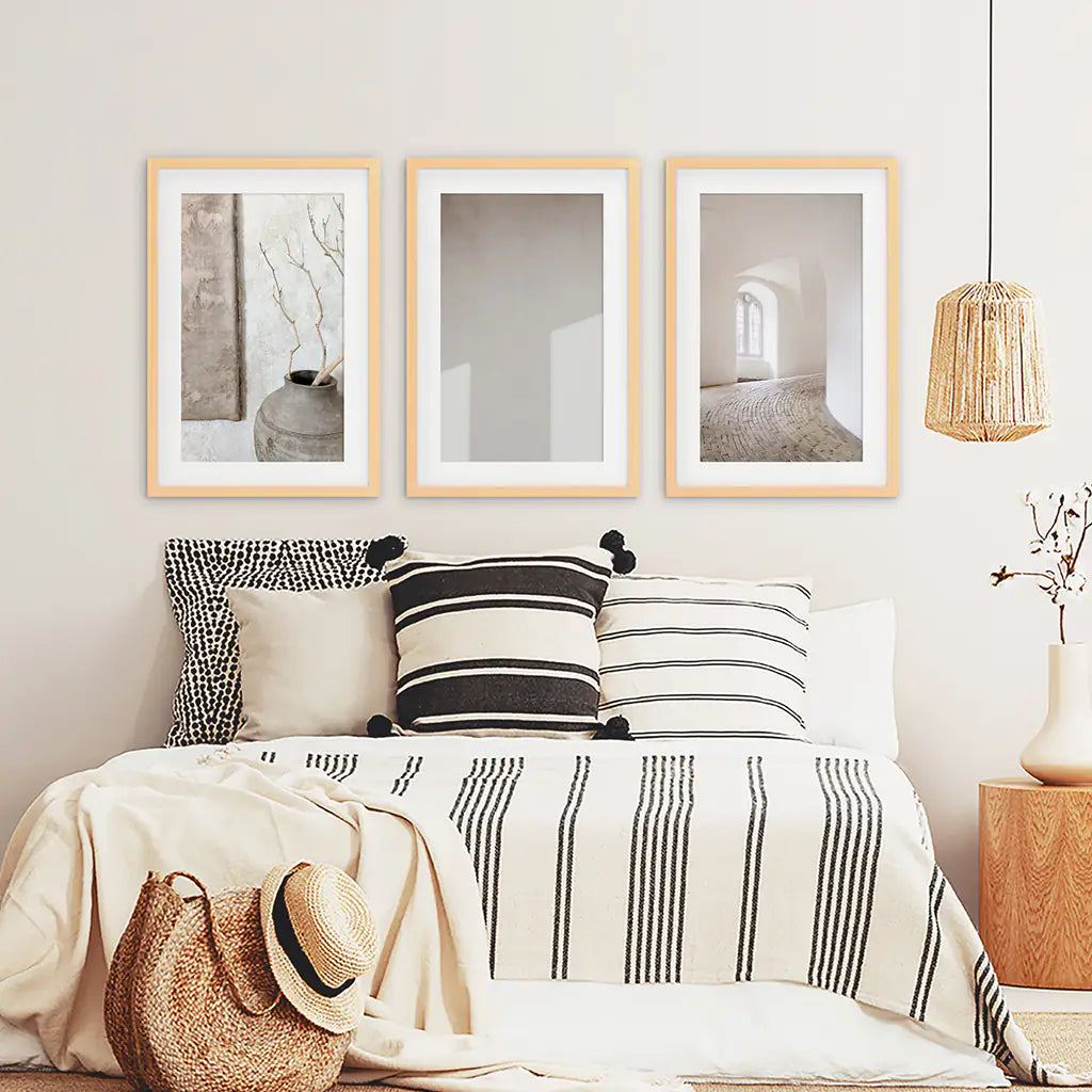 Minimalist Beige Modern Art Photo Set. Wood Frames with Mat