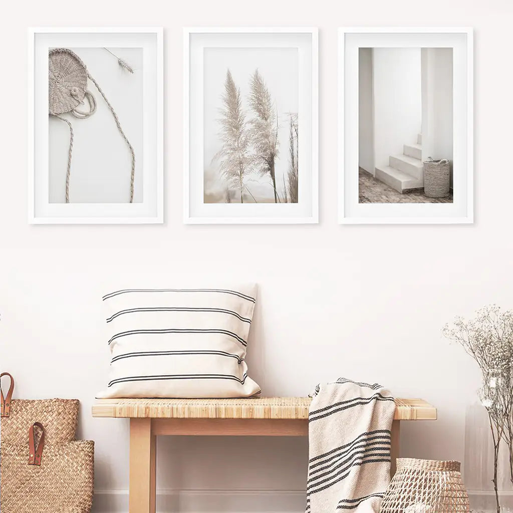 Minimalist Beige Wall Art. Pampas Grass. White Frames with Mta