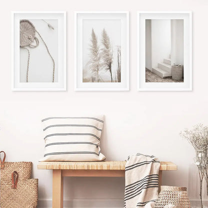 Minimalist Beige Wall Art. Pampas Grass. White Frames with Mta