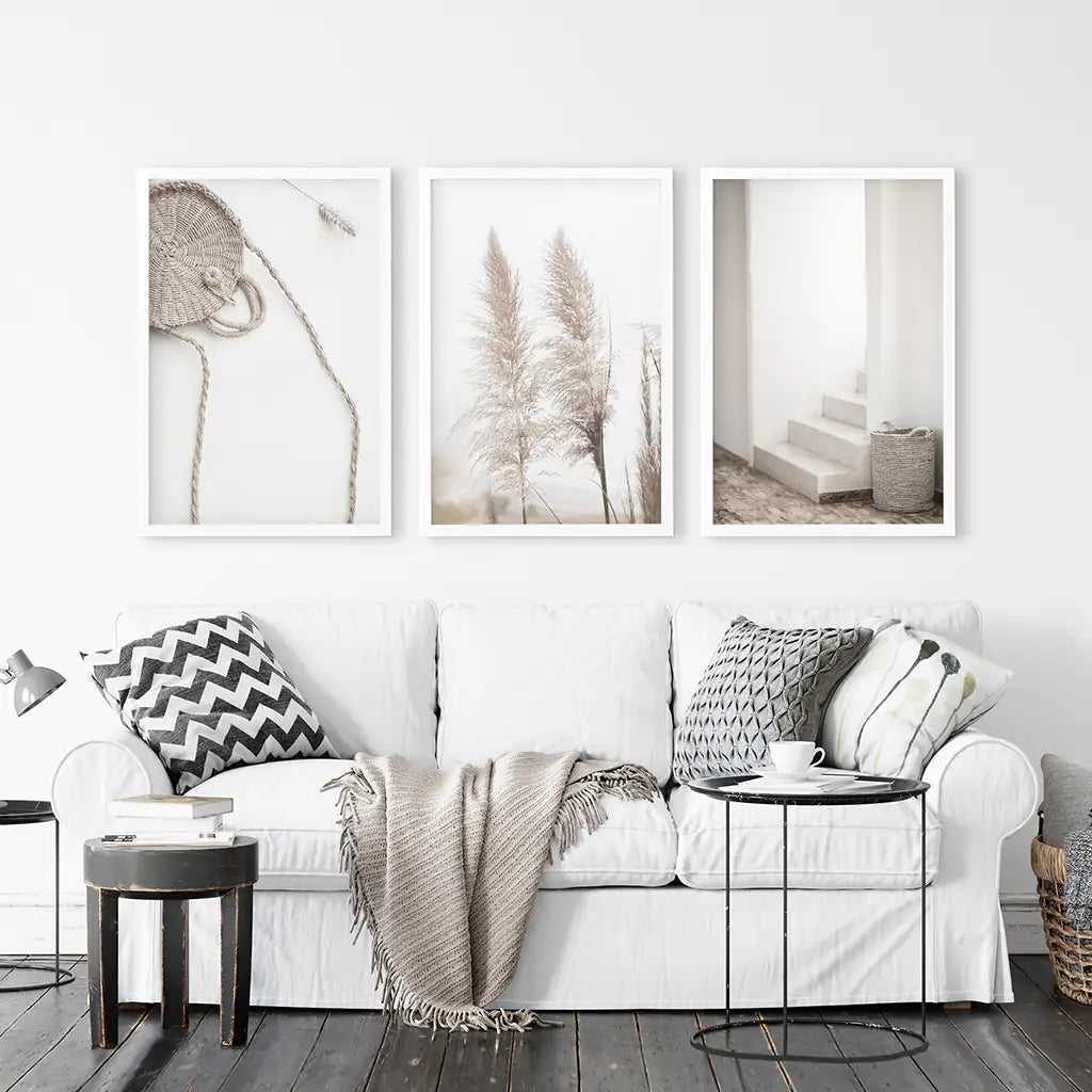 Minimalist Beige Wall Art. Pampas Grass. White Frames