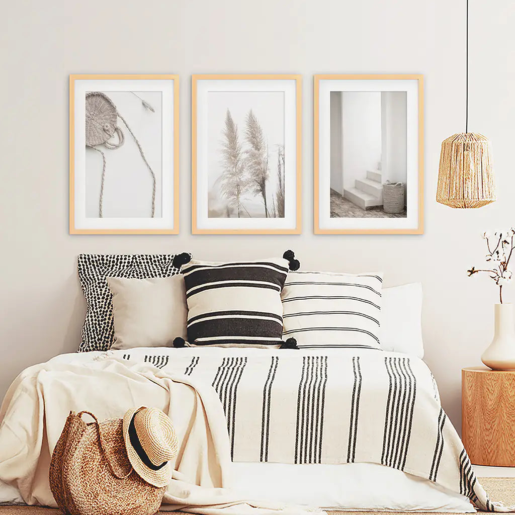 Minimalist Beige Wall Art. Pampas Grass. Wood Frames with Mat