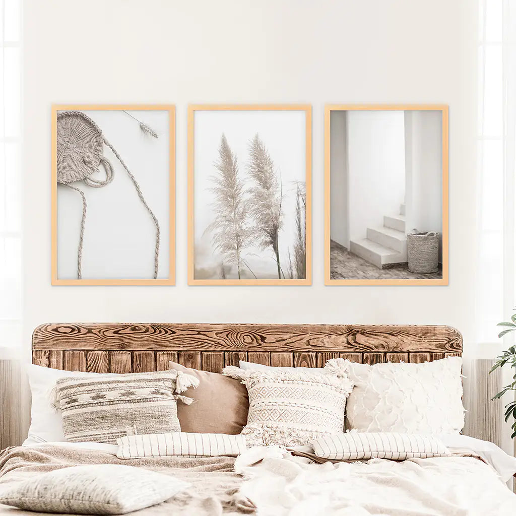 Minimalist Beige Wall Art. Pampas Grass. Wood Frames