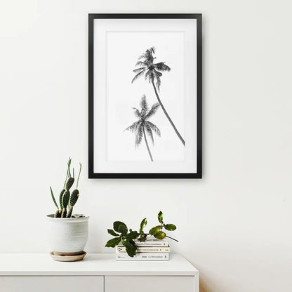 Minimalist Black White Palms Poster. Hawaii Theme. Black Frame with Mat