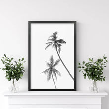 Load image into Gallery viewer, Minimalist Black White Palms Poster. Hawaii Theme. Black Frame
